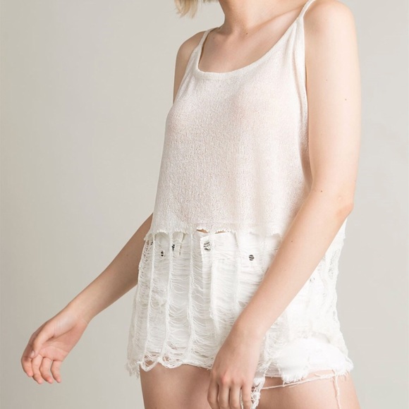 Distressed Tank Top Thin Sweater Cream New - Picture 1 of 4